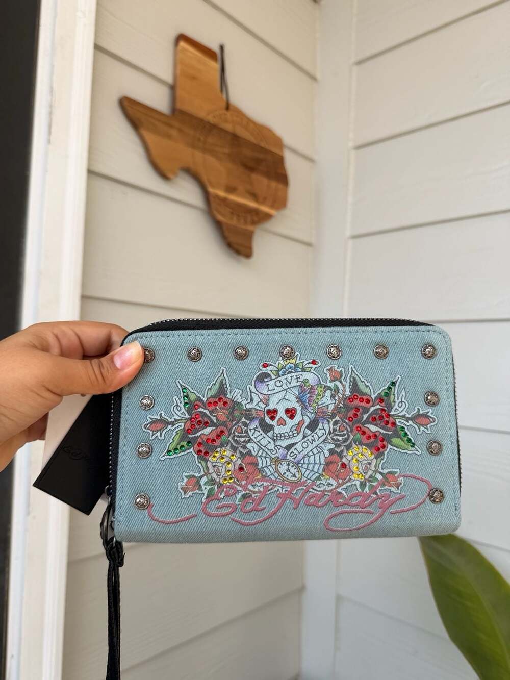 Ed Hardy Light Blue Denim Double Zip Wristlet with Embroidered Skull & Roses